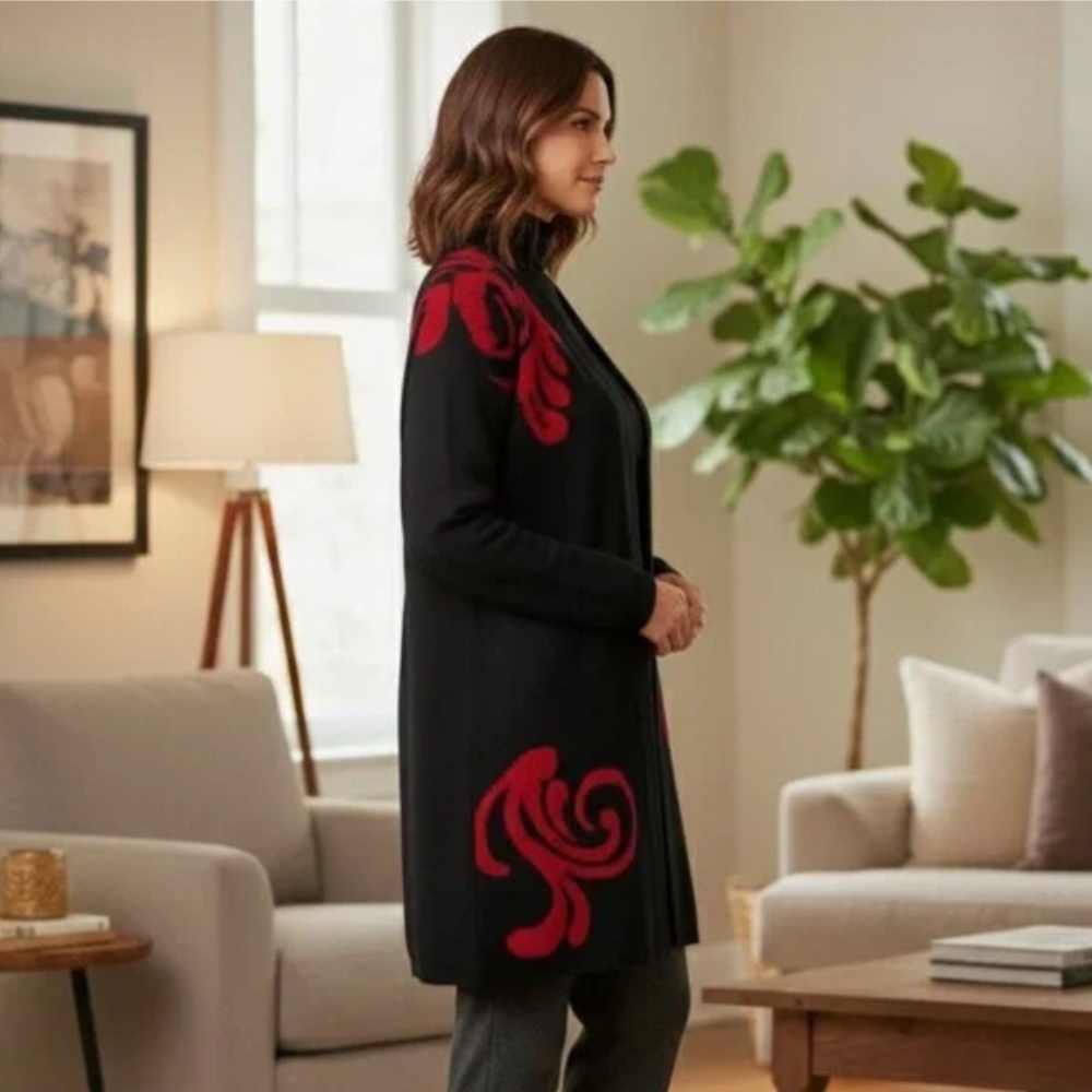 NWT Chicos Cardigan Open Front Longer Length Black Red Textured Scroll Pattern 2 - Picture 8 of 16